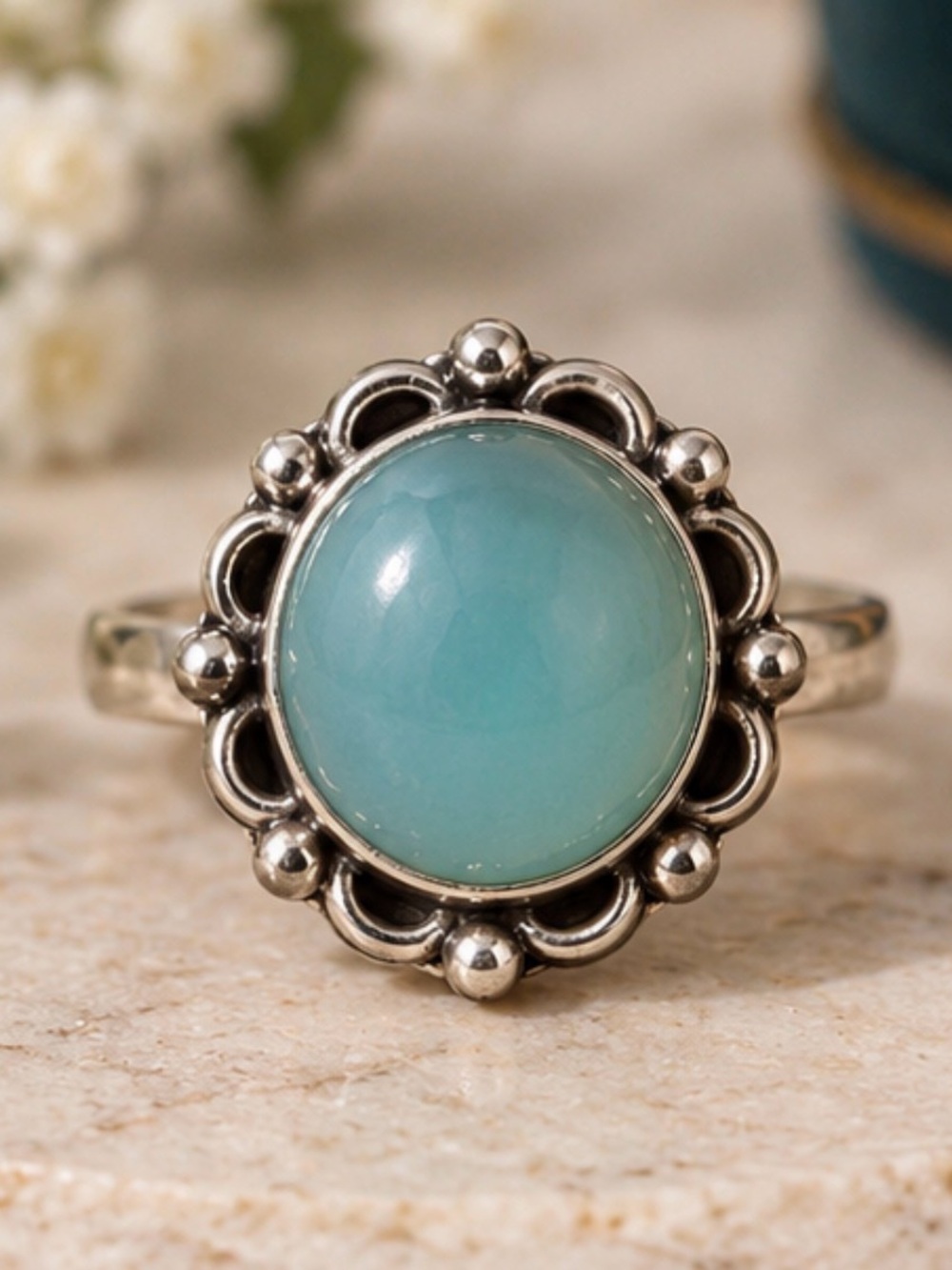 925 Sterling Silver Blue Chalcedony Halo Ring